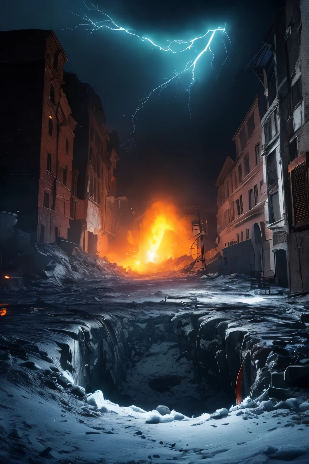 ((best quality)), ((masterpiece)), (detailed), An illustration of a giant hole in the destroyed snow at night with toxic gas coming out of it, with a dark and stormy atmosphere and monsters in the background