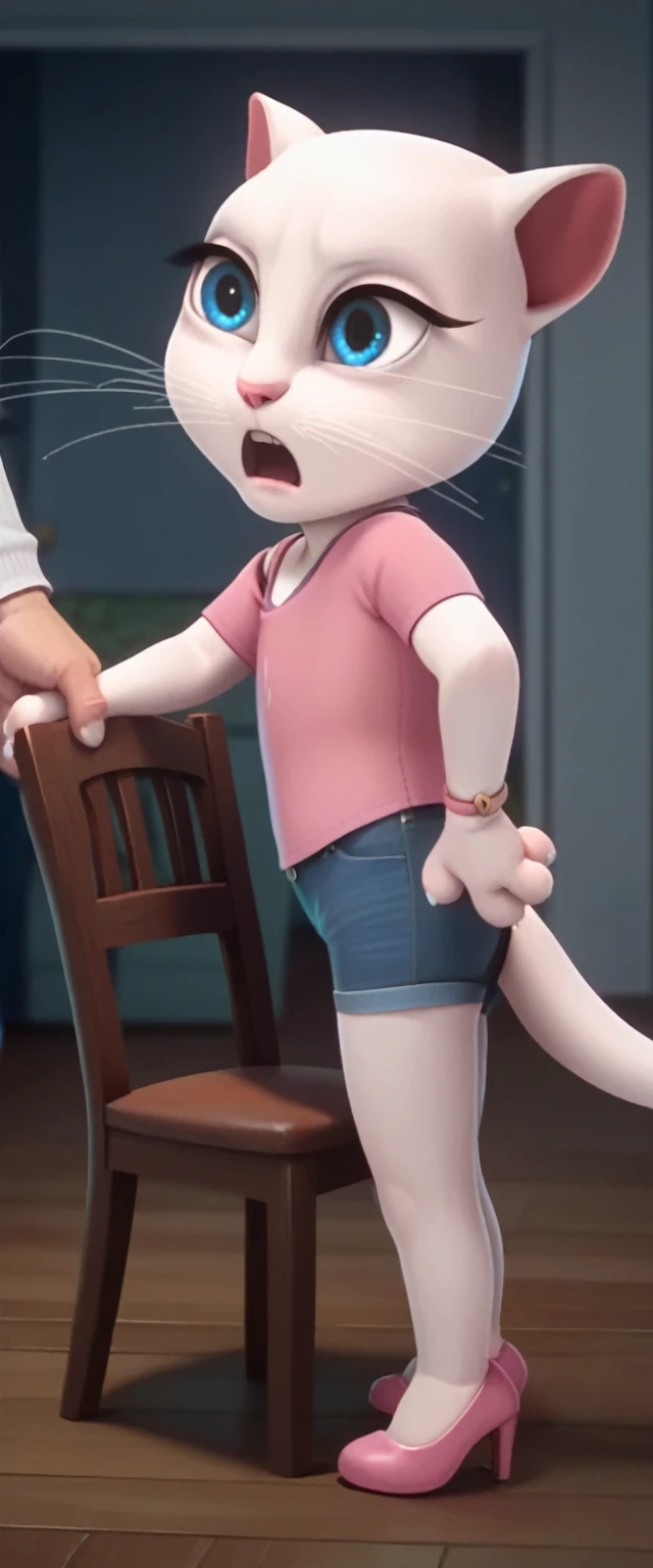 solo focus, a_la, 1girl, cat, white fur, long whiskers on both sides of the face, big bright blue eyes, big black eyelashes, pink nose, triangular ears with pink channels, high heels.short jeans pulled down.     1 girl and 1 boy human.      side view.       chair woman on the side

     The man lies on his back on the floor with his legs closed.      Woman sits on man

      anal screaming, lying, at home, looking back, big penis, 1 male rape, girl .       Score_9, Score_8_up, Score_7_