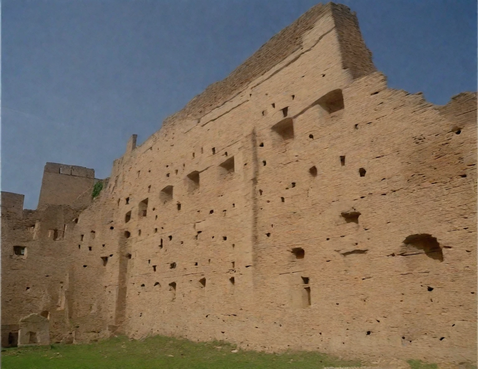 arafed wall of a building with a few holes in it, side view from afar, roman historic works, roman architecture, by Pogus Caesar, roman city, huge giant old ruins, monumental giant palace, old roman style, ruins around, huge old ruins, roman monuments, ancient roman setting, inside the roman colliseum, rome, roman festival backdrop