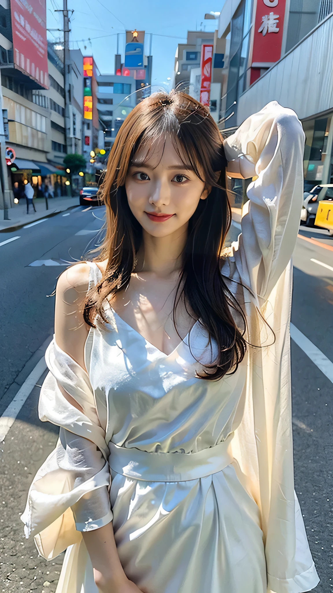 (8K、Raw photo、Highest quality、masterpiece:1.2)、(Realistic、Realistic:1.37)、Ultra-high resolution、One Girl、cute、alone, Browsing Caution,Highest quality,masterpiece,8K,Droopy eyes,Big Breasts,Beautiful breasts, White Dress, Tokyo cityscape, smile, Highly detailed face, Highly detailed lips, double eyelid, Exquisite detail and subtle sparkle, Photograph her in poses that reflect both grace and confidence, Enhance visual effects with cinema lighting. Use modern 2D designs for your backgrounds, Create beautifully, Balanced composition. Enhance the scene with elements such as depth of field, bloom effect, And a touch of sparkle, Adds a dreamy texture to the entire image. Pay close attention to detail