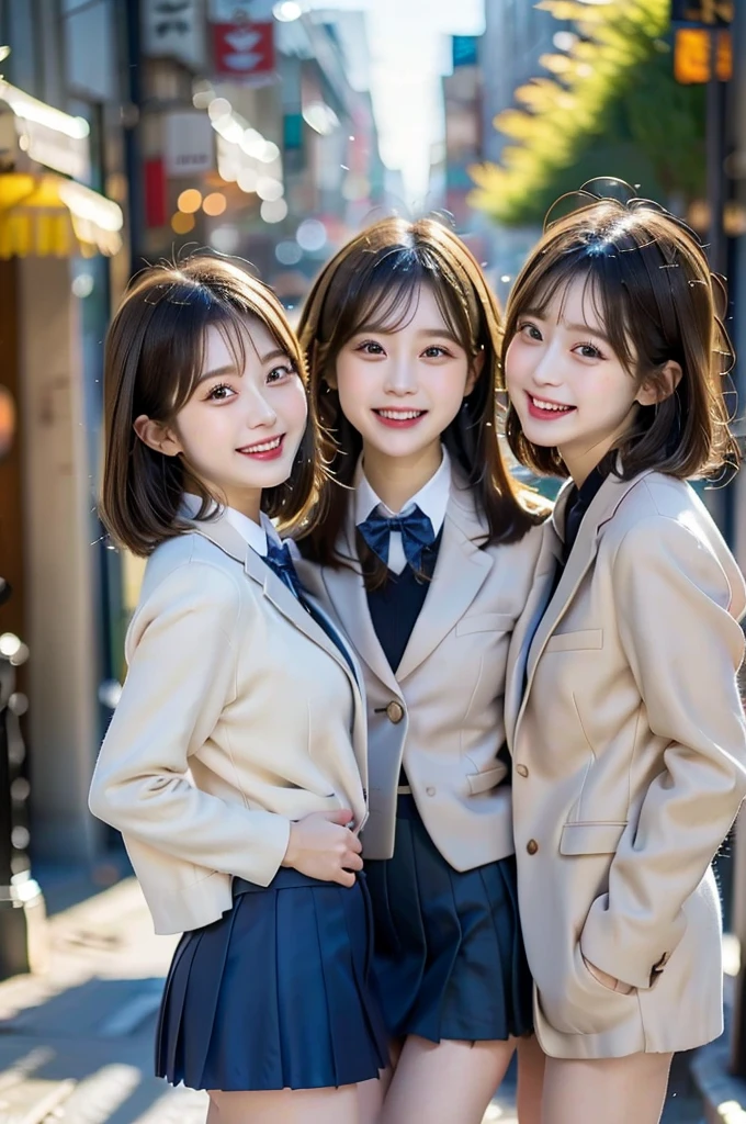 Three Beauties,3 girls, mini skirt,winter blazer uniform, smile, big laugh