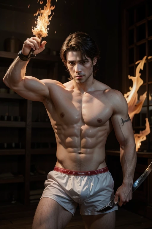 create a man in underwear holding a sword with fire