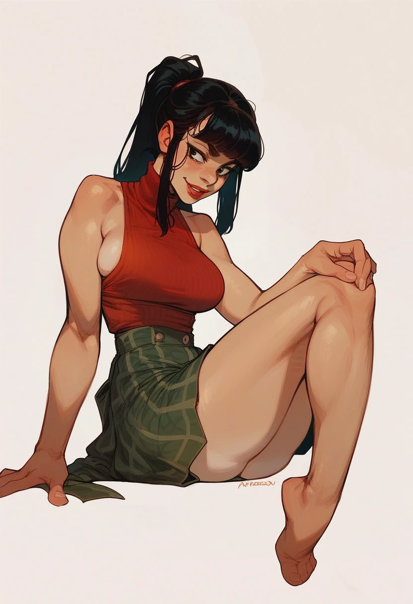 Score_9, Score_8_up, Score_7_up, 1 girl, black hair, ponytail, bangs, black eyes, curvy figure, smile, red lips, red sleeveless turtleneck, green micro plaid skirt, thong, barefoot, large bust, sitting , one leg raised, simple background, White background,