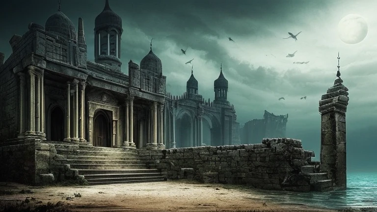 a dark and eerie looking underwater scene with a large building, a matte painting by Harry Haenigsen, pinterest, gothic art, underwater temple, dark city ruins, dark fantasy setting, undersea temple, underwater city, an underwater city, beautiful and mysterious, dark fantasy world, dark fantasy environment, dark fantasy atmosphere, dark ruins landscape, magical environment, beautiful with eerie vibes. Dark mosque.
