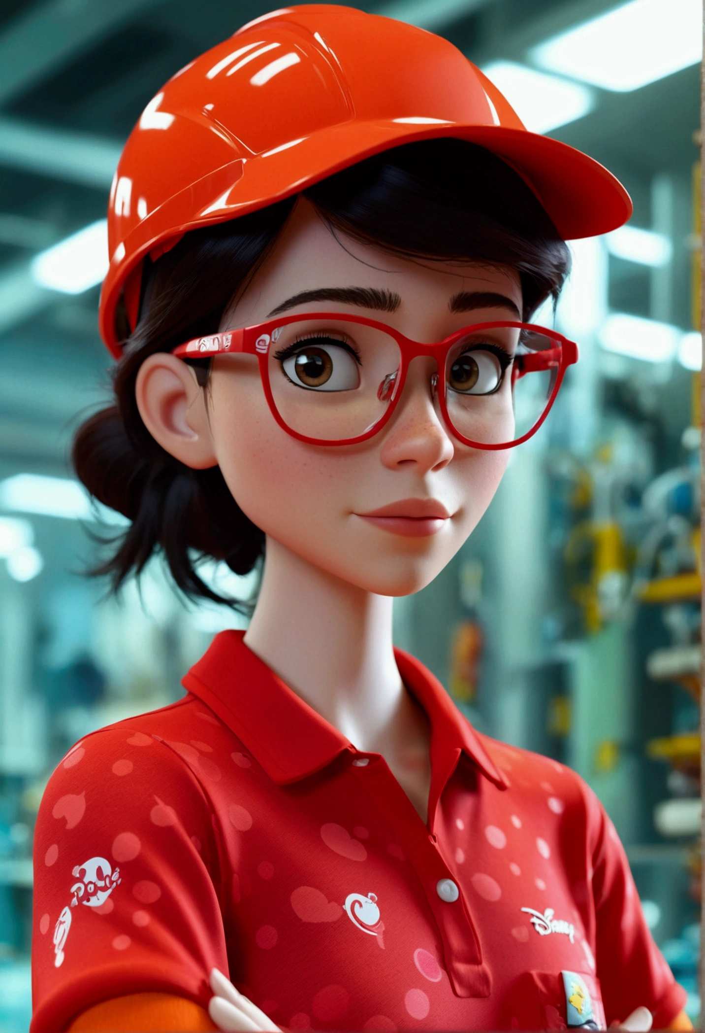 Cartoon character of a brunette woman wearing short safety glasses and a red polo shirt that has sublimated lettering "harris", straight hair, Factory worker character, stylized character, animation style rendering, 3D stylized, salma rendered, Render 3D stylized, Toon render keyshot, 3D character, 3D character, Stylized 3D rendering, 3d character rendering, cartoon character, Full body character, Character pose, (Disney style) (master part:1.2) (bokeh) (Best Quality) (detailed skin) (Detailed texture) (8k) (clay) (cinematic lighting) (sharp focus)