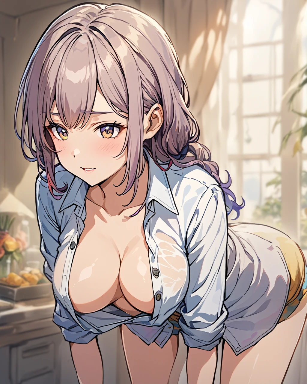 a woman leaning forward shows her breasts in a white unbuttoned shirt