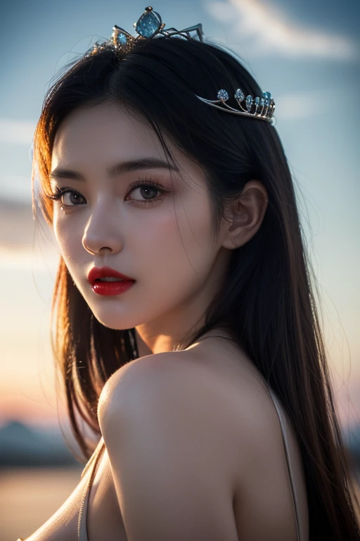 (Hyper realistic super detailed, masterpiece:9.8, top quality:9.8, best quality:9.8, beautiful:1.5), ultra high res, extreme detailed, colorful, ultra detailed, most beautiful gorgeous princess in the world, extremely hot, extremely sexy, extremely gorgeous, extremely beautiful, detailed face:3.0, face is clear and delicate, 8K, perfect face, (black hair, straight hair, long hair, huge boob:1.7, thicc, posing in heaven), white clouds, (a little diamond crown on head), (cinematic shot, cinematic lighting, red lips, perfect female anatomy), extreme depth of field