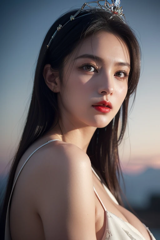 (Hyper realistic super detailed, masterpiece:9.8, top quality:9.8, best quality:9.8, beautiful:1.5), ultra high res, extreme detailed, colorful, ultra detailed, most beautiful gorgeous princess in the world, extremely hot, extremely sexy, extremely gorgeous, extremely beautiful, detailed face:3.0, face is clear and delicate, 8K, perfect face, (black hair, straight hair, long hair, huge boob:1.7, thicc, posing in heaven), white clouds, (a little diamond crown on head), (cinematic shot, cinematic lighting, red lips, perfect female anatomy), (extreme depth of field, self portrait, elegance, black elegant attire, aesthetic)