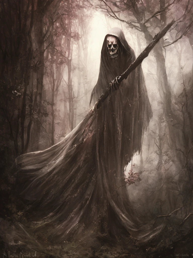 The Grim Reaper in darkness, horror, dark fairytale atmosphere, Johan Grenier style, Alyssa Monks style