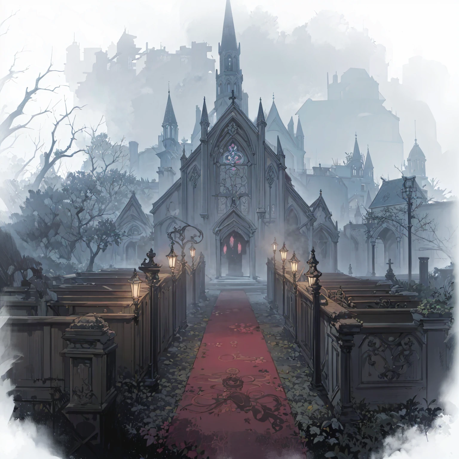 There is a church,Rolling out the red carpet,Two rows of street lights,Fifth personality style,Anime style, Weird nostalgic concept art, Draw as game concept art, Graveyard Background, background technologywork, background technology, Misty Manor, Dark Manor Scene, Gothic church background, Disturbing background, haunted background, Landscape Game Concept Art, Weird art style, Shady church, GLOOMY AMBIANCE, Cathedral Background