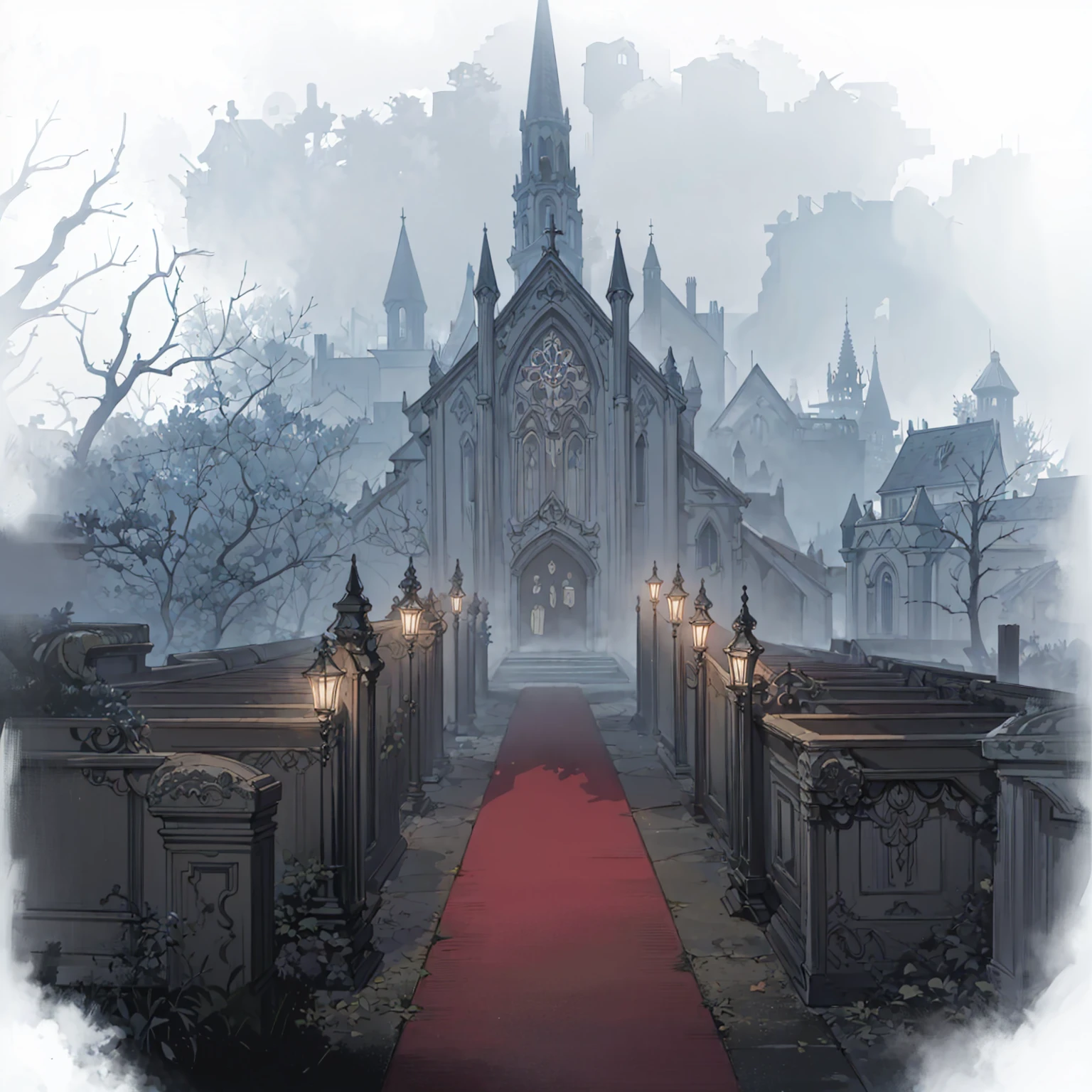 There is a church，Rolling out the red carpet，Two rows of street lights,Fifth personality style，Anime style， Weird nostalgic concept art, Draw as game concept art, Graveyard Background, background technologywork, background technology, Misty Manor, Dark Manor Scene, Gothic church background, Disturbing background, haunted background, Landscape Game Concept Art, Weird art style, Shady church, GLOOMY AMBIANCE, Cathedral Background
