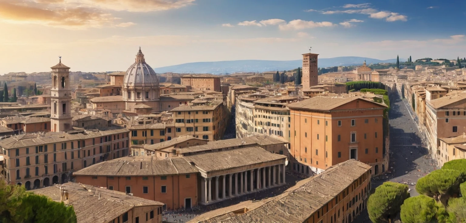 arafed view of a city with a lot of buildings and a clock tower, roman city, rome, ancient rome, rome in background, eternal city, roma, roman monuments, ancient roman setting, rome backdrop, roman historic works, market in ancient rome, old roman style, colosseo, city ruins in the background, ancient roman style, view from slightly above