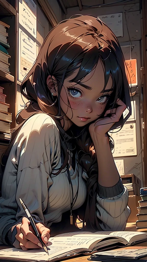 A close-up anime-style image in a cozy, relaxing Lo-Fi environment. The focus is on a student sitting at a desk with a laptop and books around them. The student is writing notes, with a clock prominently displayed on the desk, symbolizing the passage of time. The background shows a peaceful night scene through a window. The scene should include a text bubble with the phrase