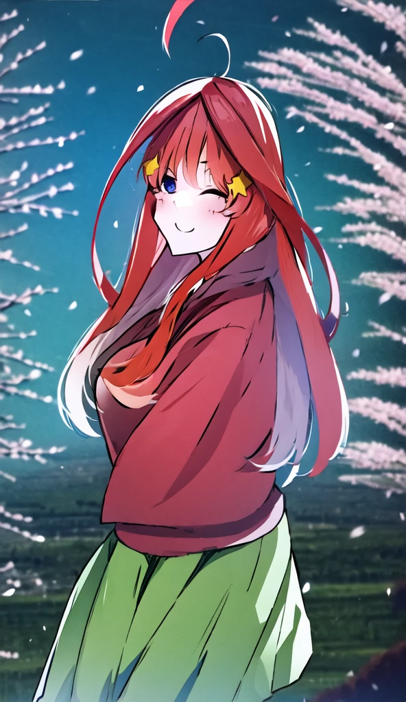 masterpiece, best quality, 1girl, nakano itsuki, solo, skirt, green skirt, blue eyes, red hair, long hair, star (symbol), breasts, shirt, blush, star hair ornament, ahoge, hair ornament, white shirt, huge breasts,  large breasts, looking at viewer, short sleeves, bangs, smile, red sweater, sweater vest, pleated skirt, collared shirt, , hair between eyes, cowboy shot, sitting,  outdoors, day, tree, cherry blossoms,  