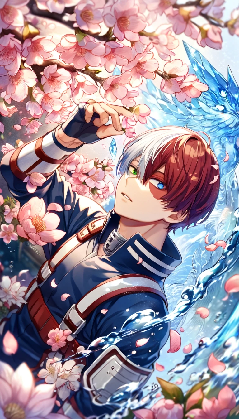 Ultra detailed, highres, absurdres, HDR, master piece, Todoroki Shouto, bicolor hair, right side is white, left side is red, heterochromia, right eye is grey, left eye is blue, Boku No Hero Academia, fantasy, pink petals, water, pink flowers, handsome, sexy man, solo, best quality, blossoms, blue shining fireflies, blue clothes, ice and fire, magical, 