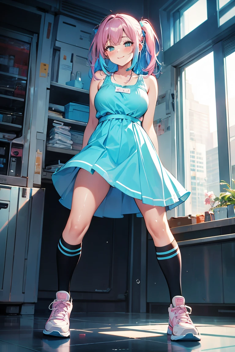 One girl, blush, chest, Dress See who sees it, Thigh high socks, panties,cyan dress, shoes, Cyberpunk Hair, , smile, sneakers, alone, Spread your legs,Wet, underwear, panties