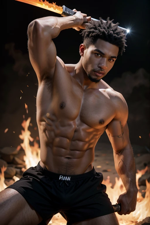 create a black man in underwear holding a sword with fire