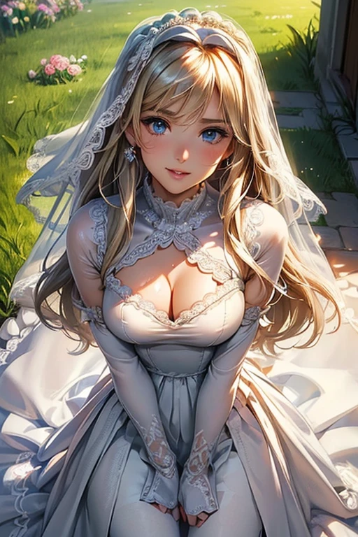 #Basics A girl is posing for a photo, animeのかわいい女の子, (((One Girl, Baby Face, Young girl, ))), 
BREAK 

#Clothing Accessories 
((White frill lace(Floor Length)Wedding dress:1.4) : Bridal Veil + See-through dress with side slits and embroidery + Sheer white elbow gloves + Sheer white knee-high stockings + White High Heels), 
Red Gem Earrings, Silver Necklace, 
BREAK 

#Features 
((Blonde)), Curly hair, (Long Hair : Long Hair + Wavy Hair + Hair blowing in the wind +Hair that bounces out),  
(Droopy eyes, blue eyes), (Small breasts),  

#background environment 
(noon、(Church garden in sunlight, grass))
#Facial Expression Pose
((A happy smile + Teeth are visible), (grassの上を静かに歩く)), 
#composition 
((Face the camera, Angle from the front, Cowboy Shot)),  
BREAK 

#Body parts elements 
(Detailed hair, Beautiful Hair, Shiny Hair), 
(double eyelid, Long eyelashes), 
(Expression of fine eyes, Beautiful and delicate eyes, Sparkling eyes, Eye Reflexes, Glitter Eyeliner), 
(Human Ear), 
(Beautiful Nose, Thin Nose), 
(Glossy lips, Beautiful Lips, Thick lips, Glossy Lips, Natural Cheeks), 
(Detailed face, Symmetrical facial features), 
(Detailed skin, Textured skin, Beautiful Skin, Shiny skin), 
BREAK 

#Quality 
(((Highest quality)), ((masterpiece)), ((Very detailed))), ((High resolution), (16K,1080P)), 
(Realistic), (Anatomically correct), 
((comics, anime)), (3DCG), CG illustration,
