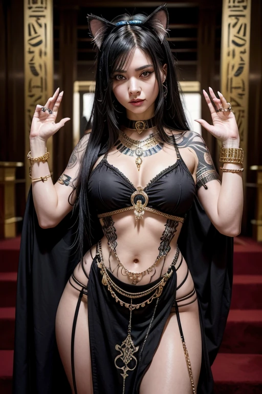feline woman, with cat ears and tail, with Egyptian dress, lots of jewelry, tattoos with ancient symbols, doing the mudra, hyper detailled, hyper sharp, hyperrealisti, intricate, 32k, photorealism style  