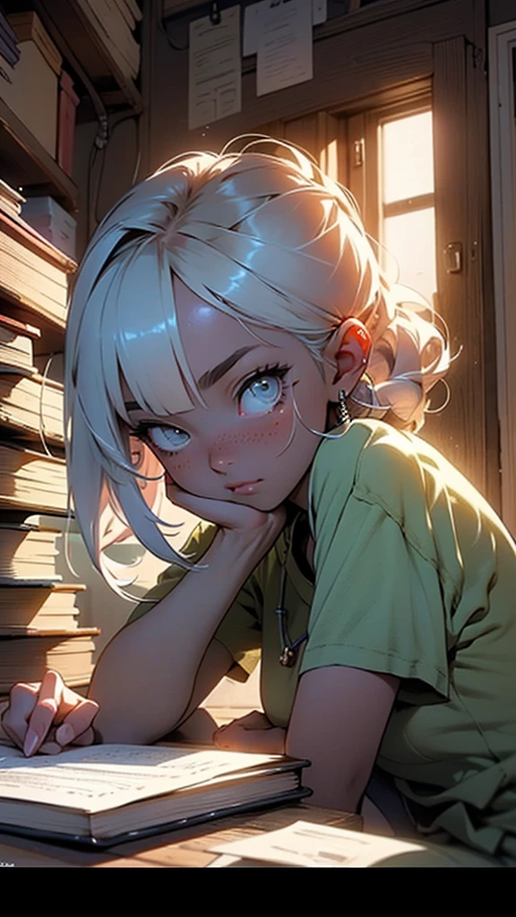 A close-up anime-style image in a cozy, relaxing Lo-Fi environment. The focus is on a student sitting at a desk with a laptop and books around them. The student is writing notes, with a clock prominently displayed on the desk, symbolizing the passage of time. The background shows a peaceful night scene through a window. The scene should include a text bubble with the phrase