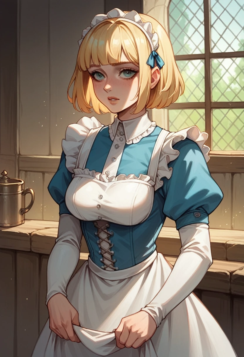 blonde girl,Blunt Bob hair,medieval maid clothes,in a medieval mansion 