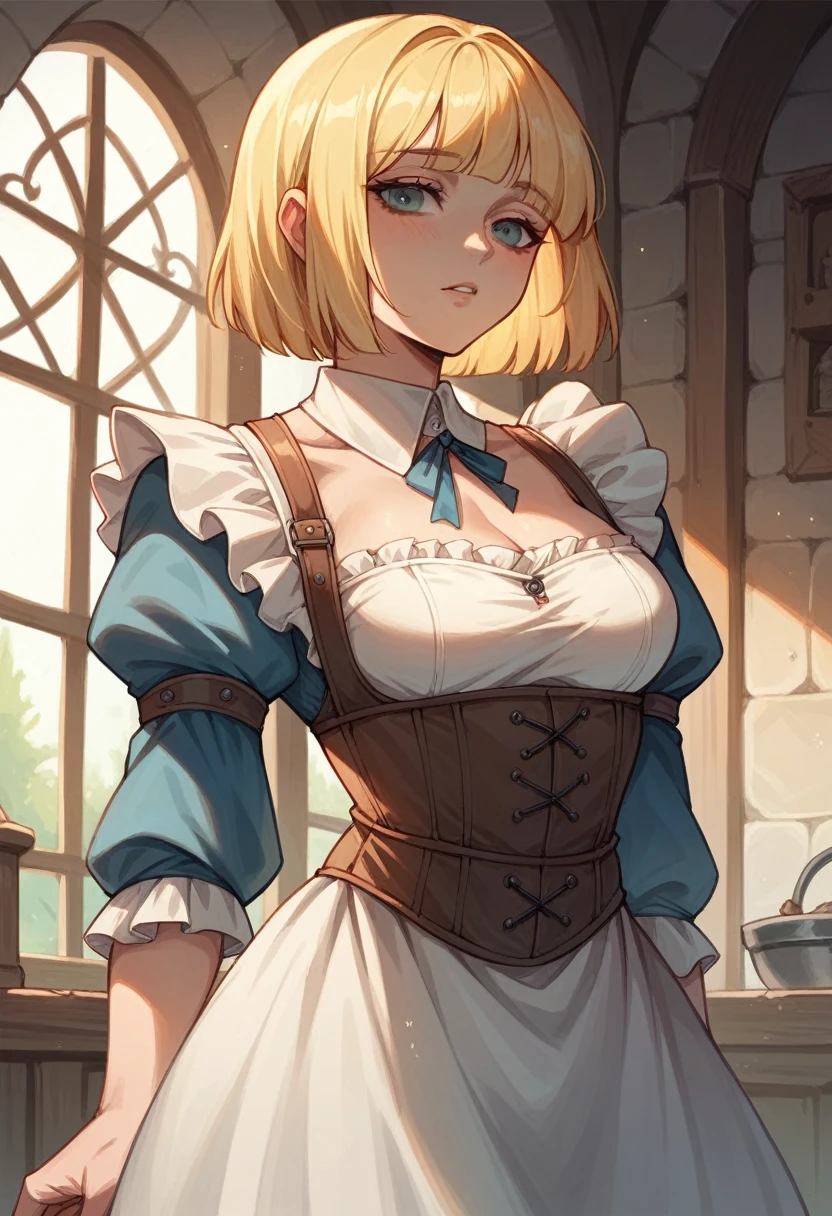 blonde girl,Blunt Bob hair,medieval maid clothes,in a medieval mansion