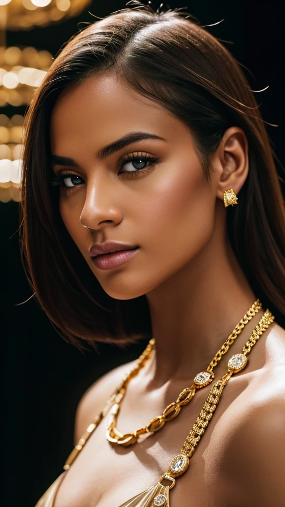 women with 'Gucci gold vvs diamonds , 4:3, photo 12k resolution hash flash lighting, shot on ALEXA 65, Velvia 100 , underexposed, Voigtlnder Nokton 50mm f1.1, in the style of Martin Nikon Z 8 with Zoom Lens | with 24-120mm
Motion