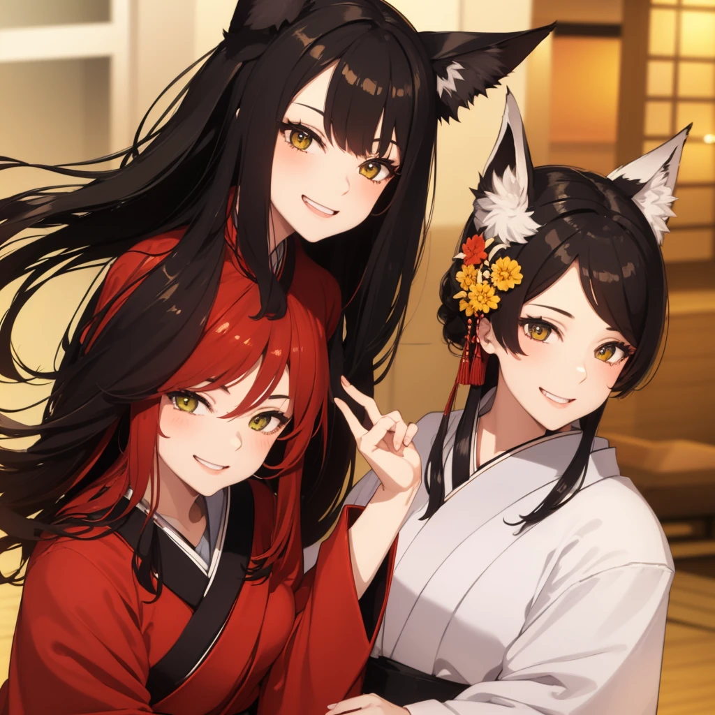 1girl, long red hair, amber eyes, slender body, red kimono, smiling, fox ears, upper body, Japanese house on background