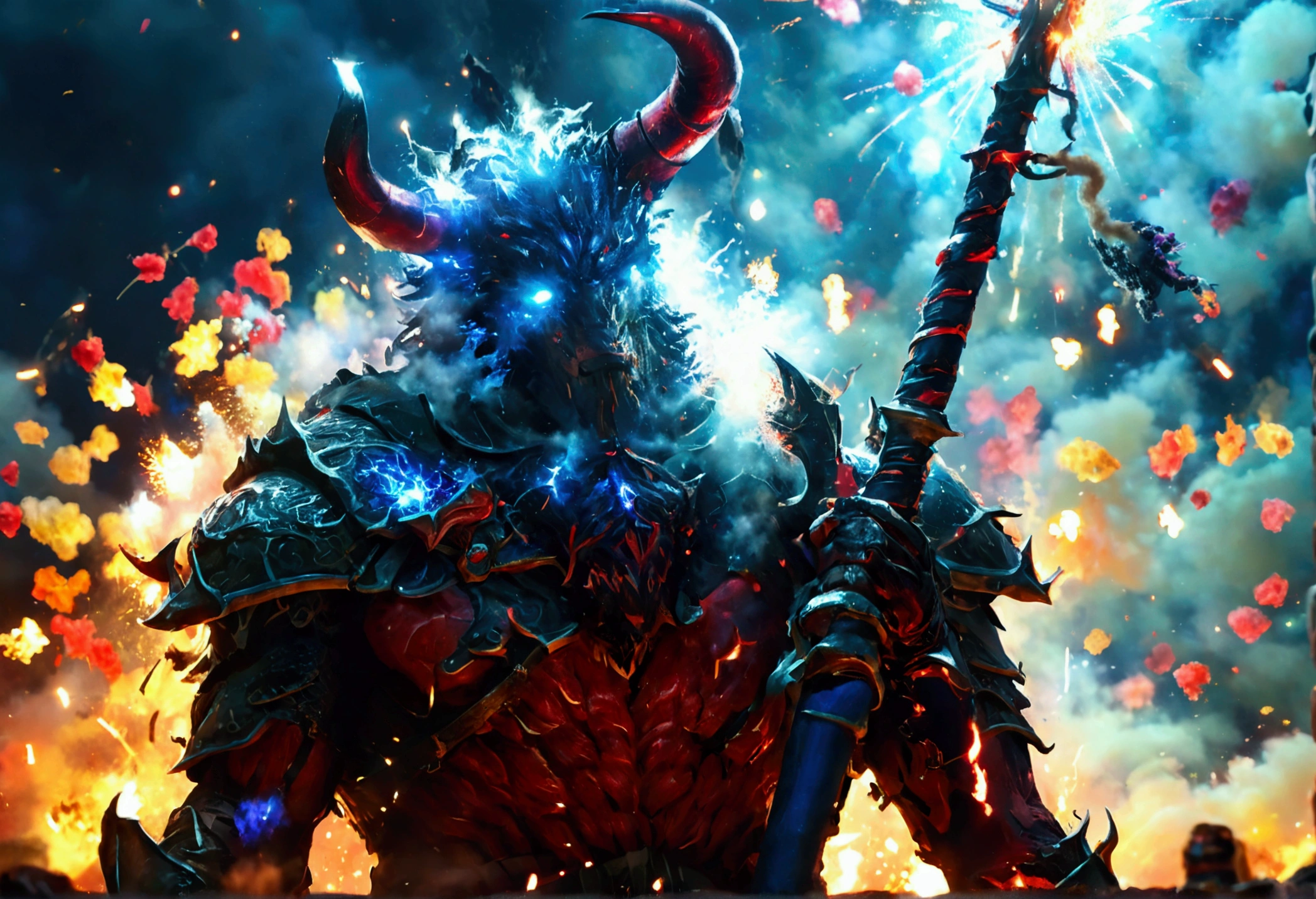 Brilliant fireworks in the night sky,BOSS FIGHT,RPG style,the Great Devil,Masterpiece, ultraclear, extreme hight detail, slash wound on chest, mace in hand raised over head