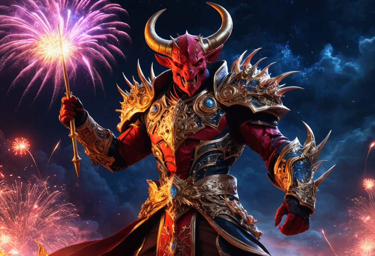 Brilliant fireworks in the night sky，BOSS FIGHT，RPG style，the Great Devil，Masterpiece, ultraclear, extreme hight detail, slash wound on chest, mace in hand raised over head