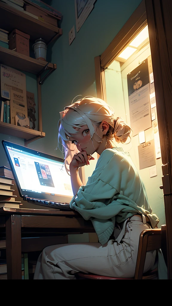 A close-up anime-style image in a cozy, relaxing Lo-Fi environment. The focus is on a student sitting at a desk with a laptop and books around them. The student is writing notes, with a clock prominently displayed on the desk, symbolizing the passage of time. The background shows a peaceful night scene through a window. The scene should include a text bubble with the phrase