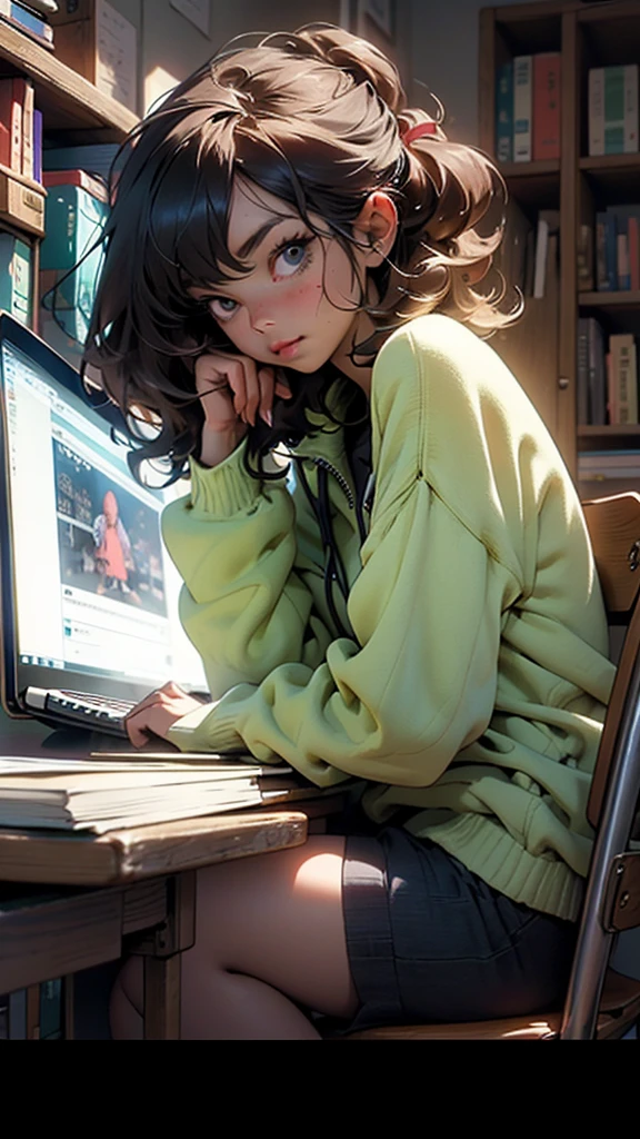 A close-up anime-style image in a cozy, relaxing Lo-Fi environment. The focus is on a student sitting at a desk with a laptop and books around them. The student is writing notes, with a clock prominently displayed on the desk, symbolizing the passage of time. The background shows a peaceful night scene through a window. The scene should include a text bubble with the phrase