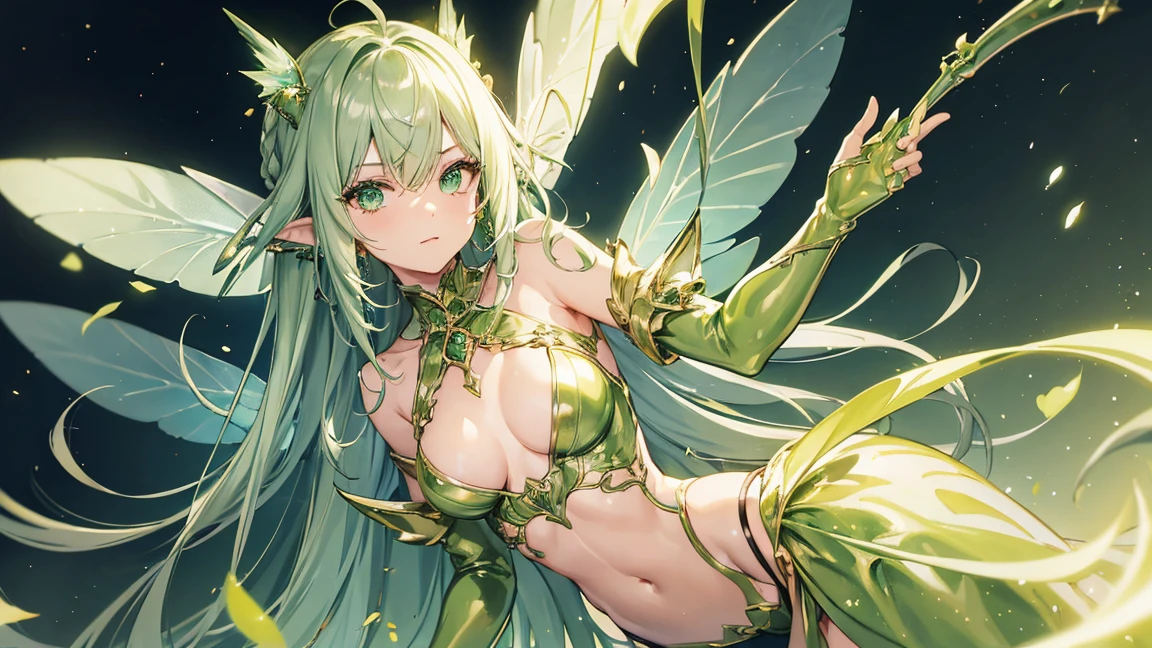 (Metal Slime Girl), Normal size breasts, (Light green fairy clothes), Glance here, Plains, silver hair, ahoge, shiny hair, cornrows, shy, anime style, UHD, masterpiece, accurate, anatomically correct, textured skin, super detail, best quality, highres, 4K