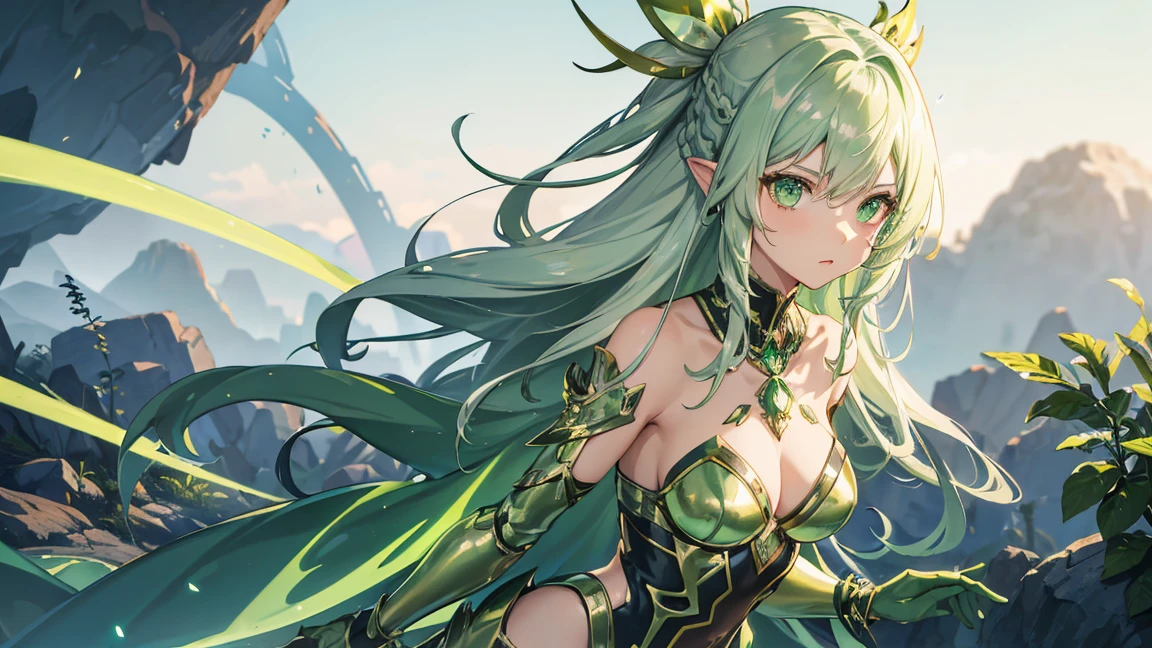 Beauty warrior girl, green eyes, green hair, full silver armour, big breasts