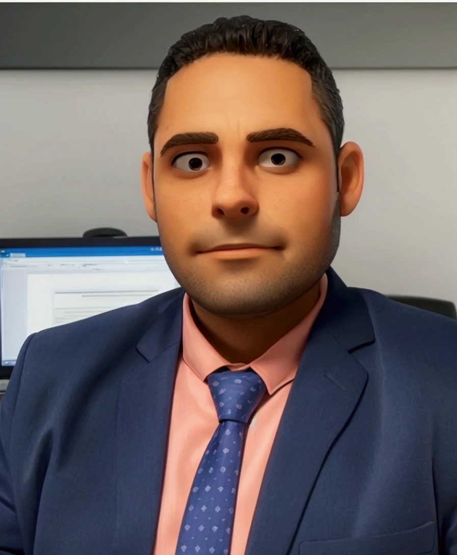 There is a man in a suit and tie sitting in front of a computer,Make a cartoonish Pixar character 