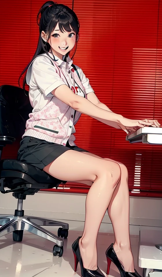 (((masterpiece))), cute nurse woman, bangs bangs, sitting chair, footjob penis, cum on feet, projectile sperm, cumshot, suprised panic face, "?", at hospital, upskirt striped panty, glasses, crotch hair, 