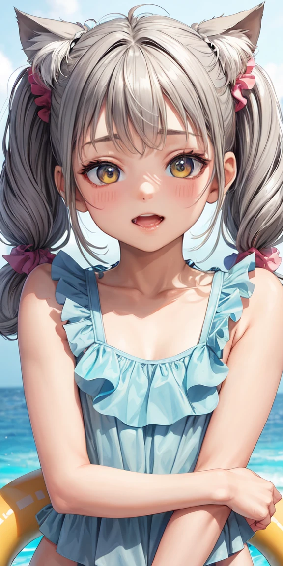 (masterpiece, Highest quality),Kiddie, nekomimi, Ruffled swimsuit, Gray Hair,Twin tails,Scrunchie, , (Suggestive:1.2), (smile:0.7), Upper Body
