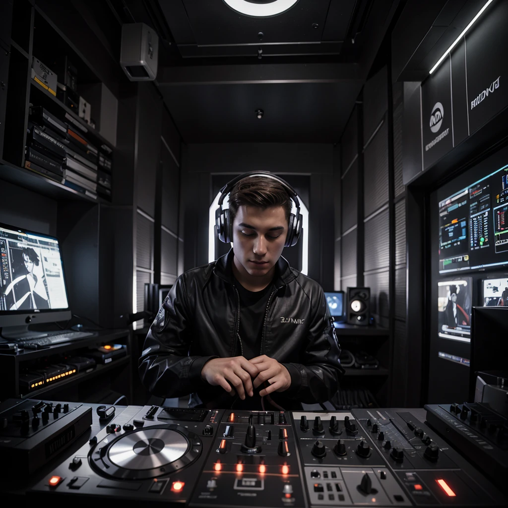 25 year old male DJ, big headphone, putting sound in a futuristic setting.