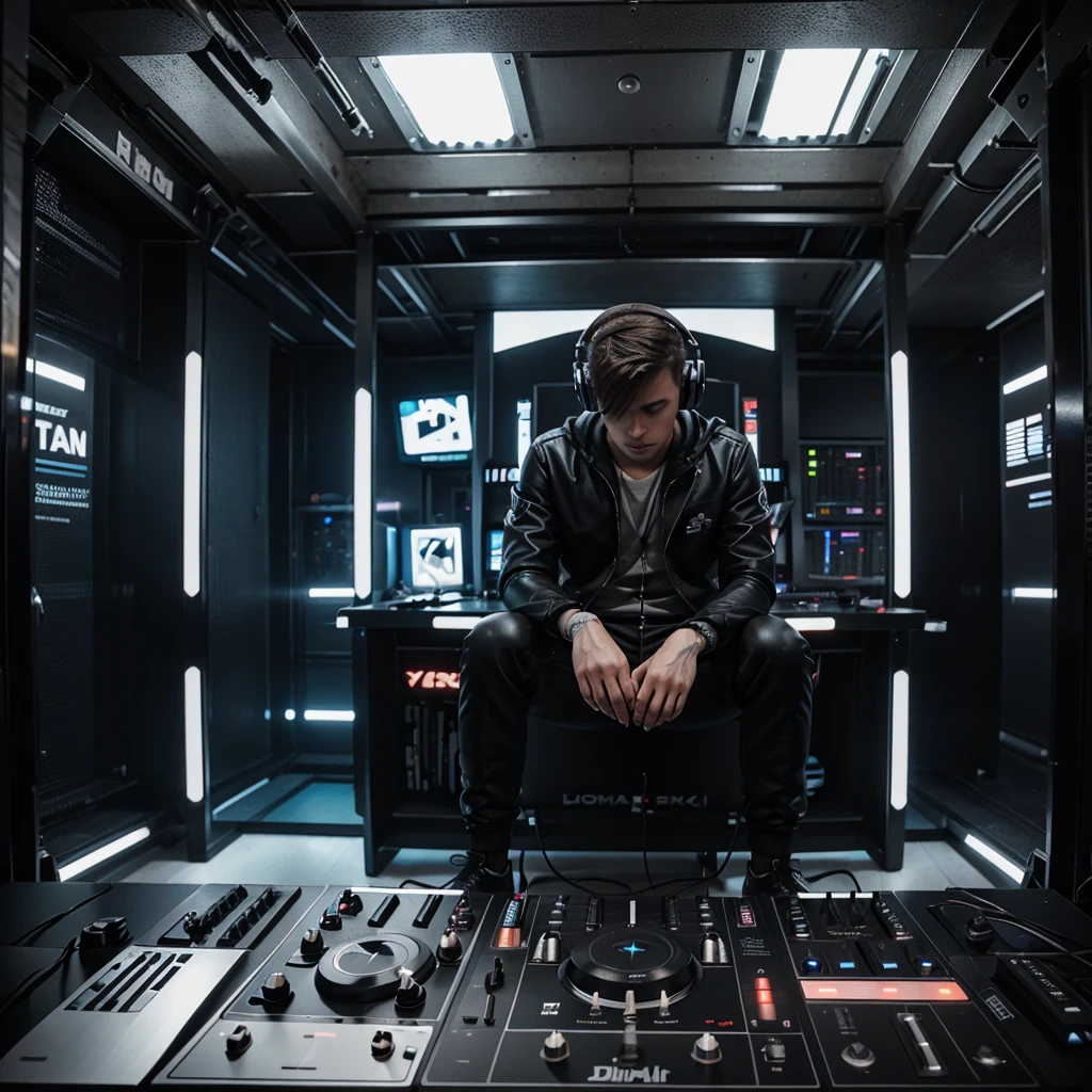 25 year old male DJ, big headphone, putting sound in a futuristic setting.