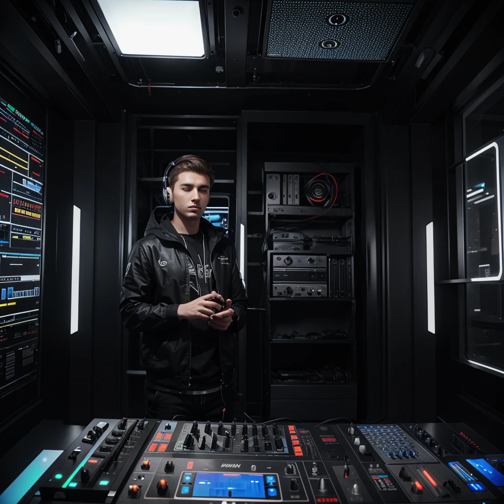 25 year old male DJ, big headphone, putting sound in a futuristic setting.
