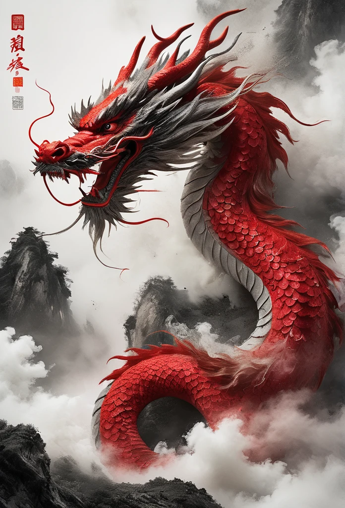 Highest quality, Realistic, On the poster of a Chinese TV drama, there is a red Chinese dragon, Solo,very tame, calm mood, vibrant Chinese dragon style, oshare kei, uhd image, maggismo, photobashing, red, safflower elements, smoke covered in dreamlike and delicate details, 8k