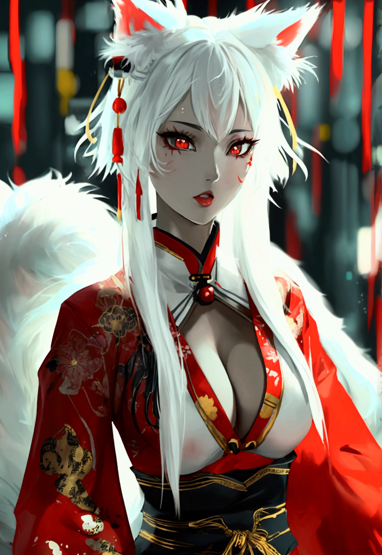Make a full body sexy character with 2D graphics based on current anime 4k-8k The character is 22 years old. Mature body with big breasts and curves. Eyes red, white cat ears, long white hair down to the ankles. Cat's furry tail. The outfit is a mix of traditional Japanese kimono, Qipao chines stylized in a cyberpunk way. The colors of the clothes are predominantly white with details of blood red and gold.. With sock 3/4 black and white, stylish ninja sandals.