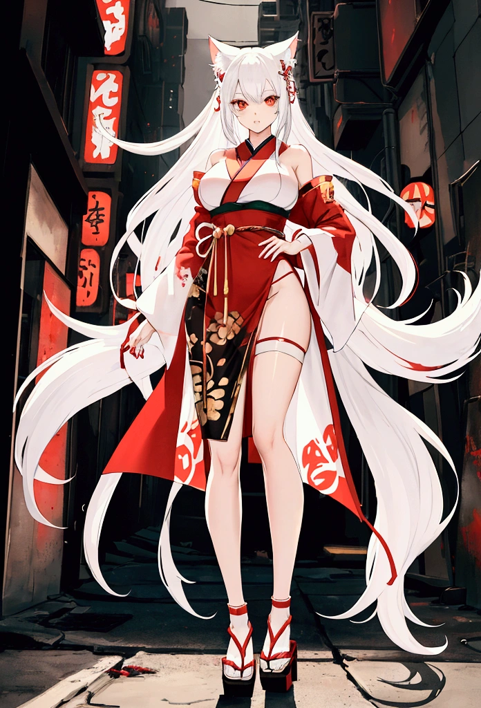 Make a full body sexy character with 2D graphics based on current anime 4k-8k The character is 22 years old. Mature body with big breasts and curves. Eyes red, white cat ears, long white hair down to the ankles. Cat&#39;s furry tail. The outfit is a mix of traditional Japanese kimono, Qipao chines stylized in a cyberpunk way. The colors of the clothes are predominantly white with details of blood red and gold.. With sock 3/4 black and white, stylish ninja sandals.