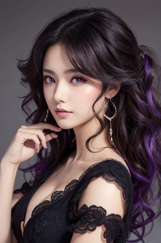 ((Highest quality)), One Woman, Highest quality, masterpiece,黒hair, Purple eyes,Black clothes, front, Upper Body,hair,Fair skin,長いhair、Curly Hair