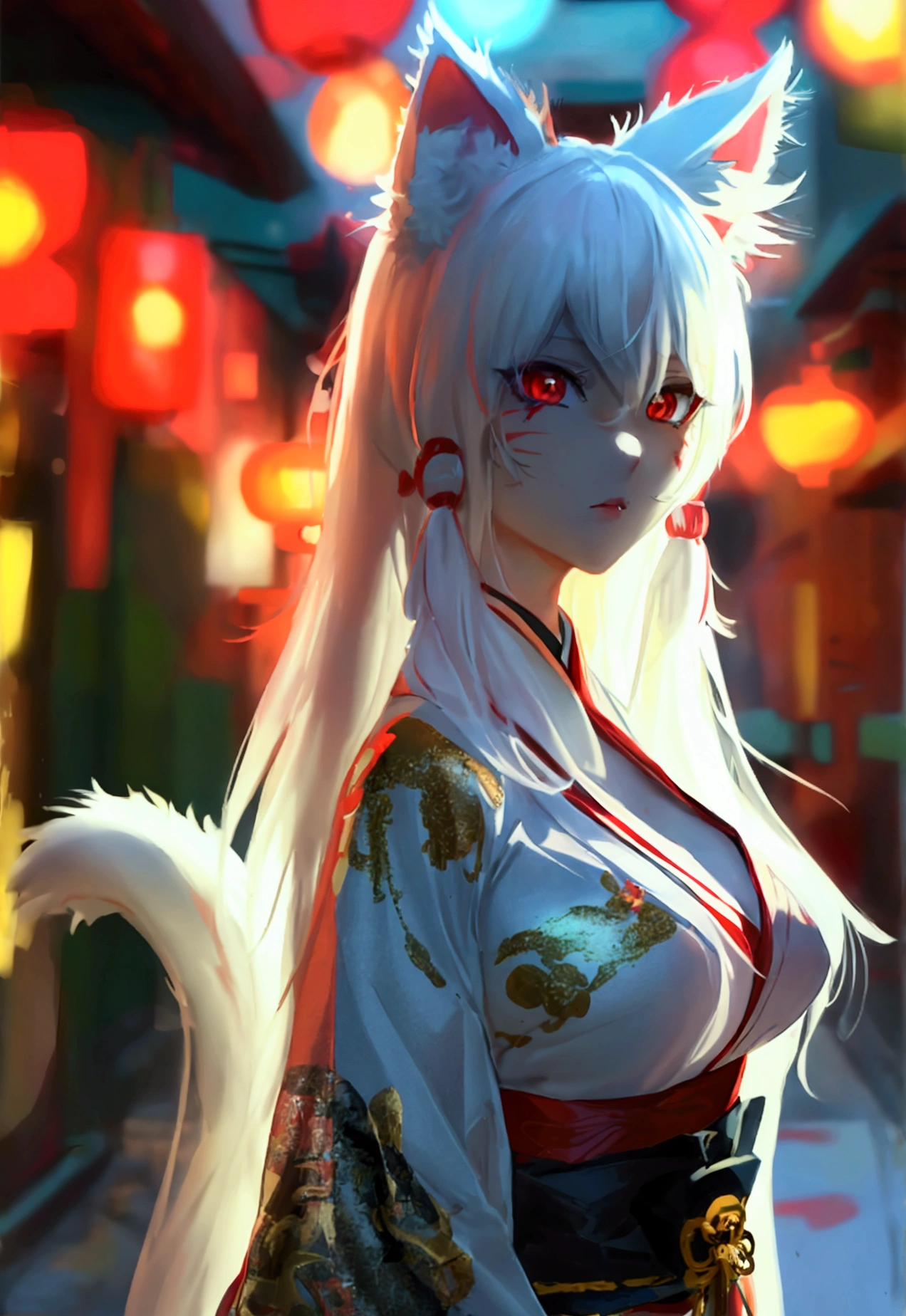 Make a full body sexy character with 2D graphics based on current anime 4k-8k The character is 22 years old. Mature body with big breasts and curves. Eyes red, white cat ears, long white hair down to the ankles. Cat's furry tail. The outfit is a mix of traditional Japanese kimono, Qipao chines stylized in a cyberpunk way. The colors of the clothes are predominantly white with details of blood red and gold.. With sock 3/4 black and white, stylish ninja sandals.