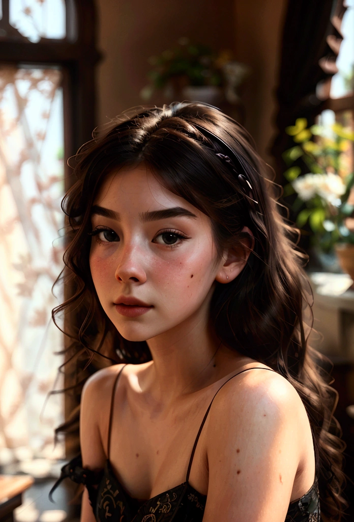 beautiful young woman, highly detailed, photorealistic, masterpiece, extremely detailed, illustration, 1 girl, high angle, messy long hair, best quality, extremely detailed CG Unity 8k wallpaper, ink, stunning, cinematic lighting, lens flare, dunhuang style