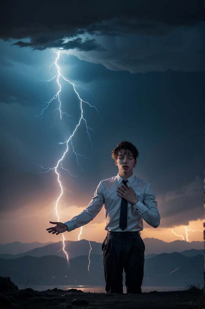 floating man releasing lightning through his hands towards the ground