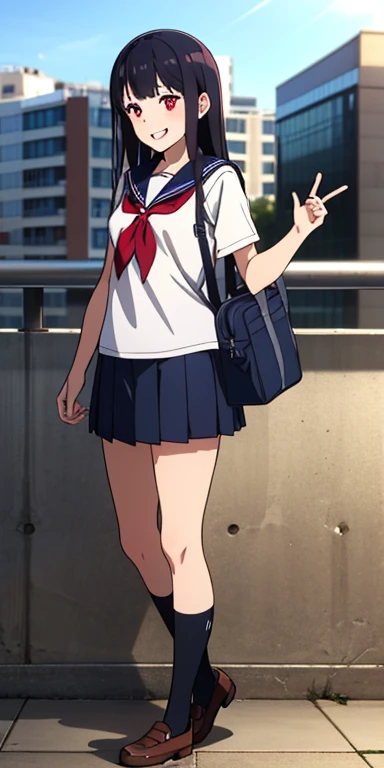 2d, Masterpiece, best quality, anime, Highly detailed face, highly detailed background, perfect light, Slender face, pointed chin, female student, sailor uniform, navy blue uniform, red eyes, long black hair, bright red highlights, two fingers raised, short skirt, high school balcony backdrop, small breasts, hand holding a school bag, white socks, female student shoes. Black, smiling at the corners of the mouth, looking excited.