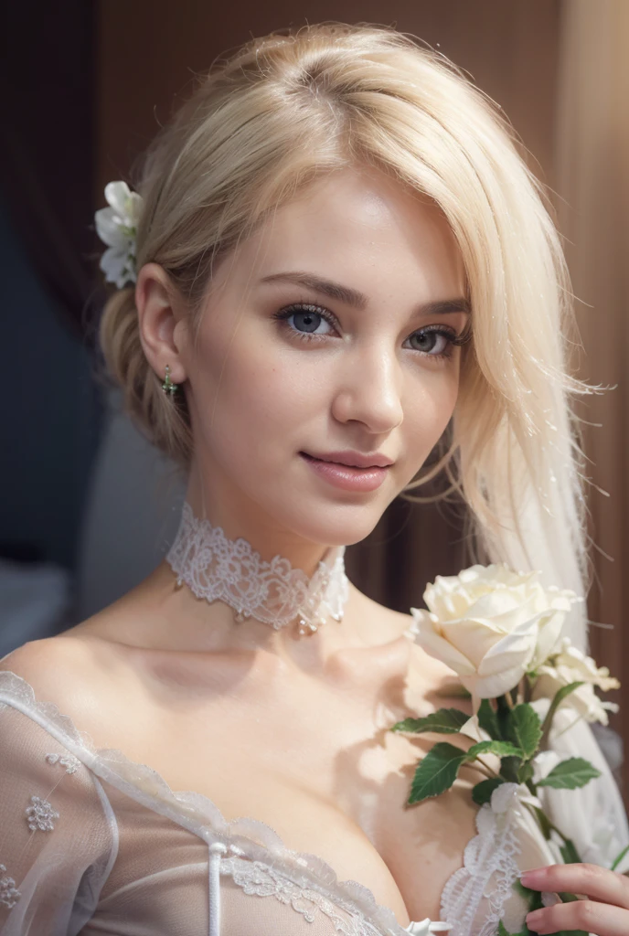 "(best quality,ultra-detailed),portraits,portrait of a woman with a beautiful and detailed face,(realistic) detailed eyes,nose,lips,white Saint Patrick's Day-themed erotic lingerie, seductively looking at the camera, in a bedroom", smile, celebrating St. Patrick's Day, she is doing very sexy pose