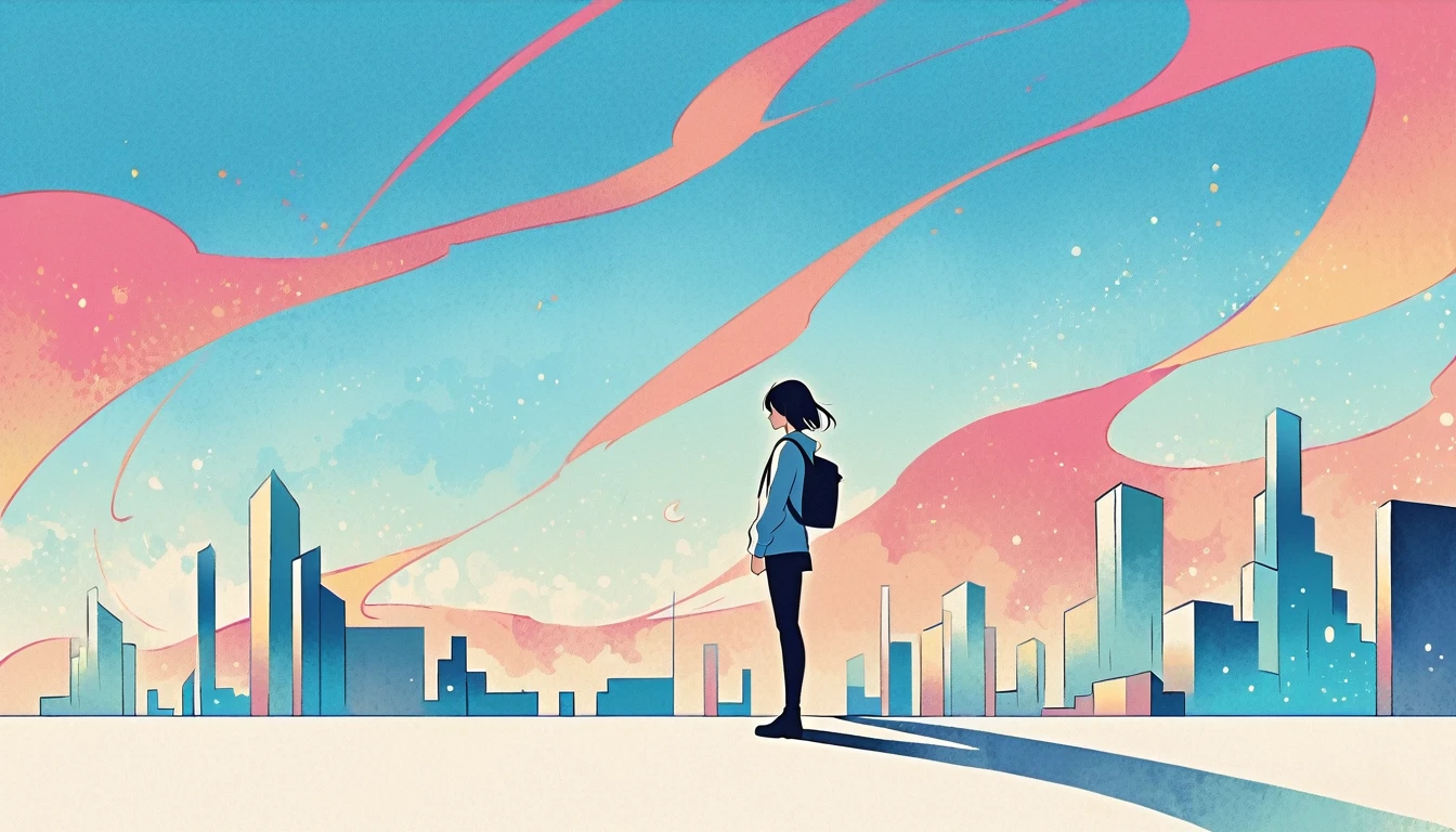 (Standing on the rooftop:1.3)，Girl with backpack on rooftop，Simple lineinimalism，Abstract Art，City background